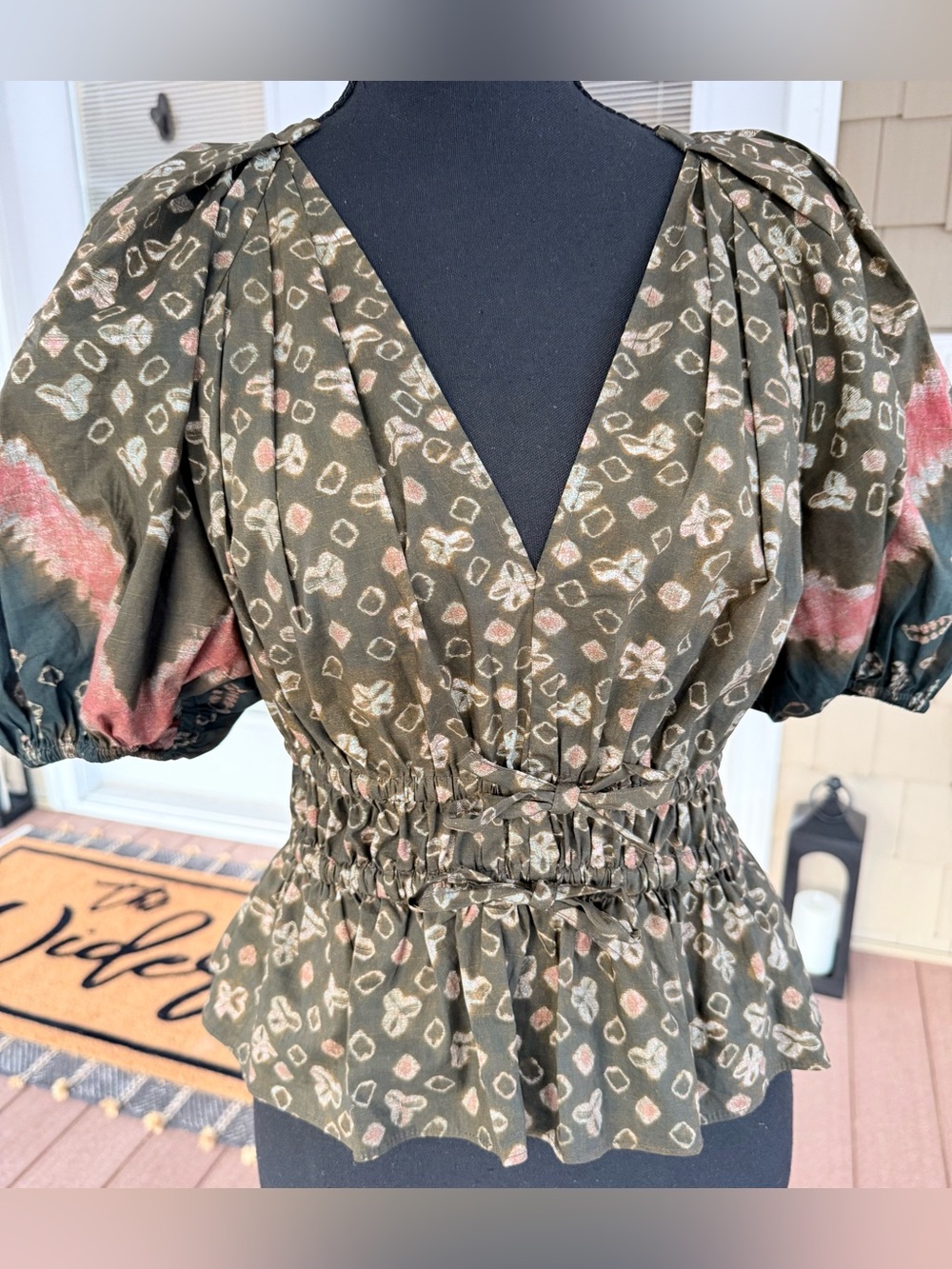 Ulla Johnson Size 0 Cotton Puff Sleeve Peplum Blouse Olive Pink Print